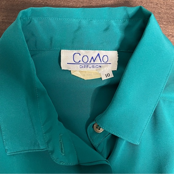 Teal Vintage Silky Button Down Blouse Shirt - Picture 6 of 7